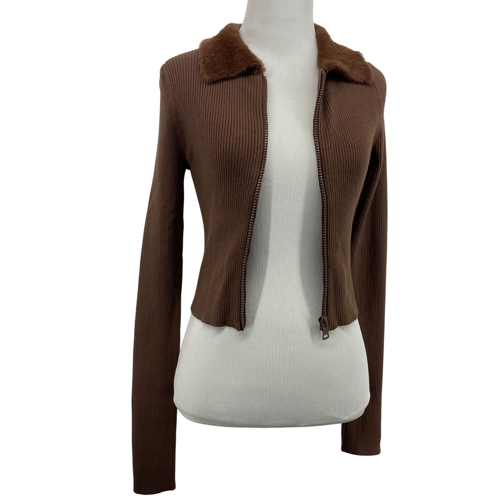 American Eagle Women Size S Zip Up Cardigan Brown Faux Fur Collar Ribbed Sweater - Picture 4 of 8